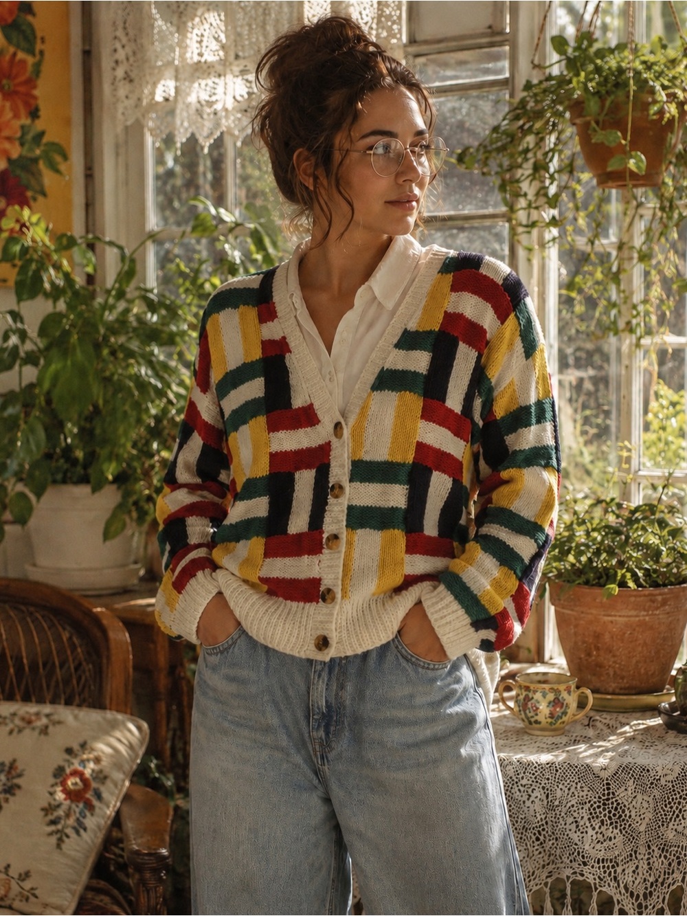 Vintage Robert Scott Hand Knit Cardigan Small Colorblock Grandpa Sweater